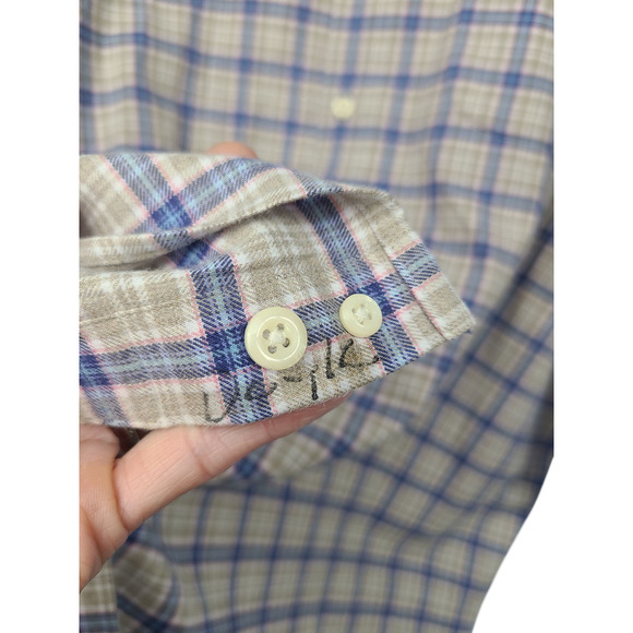 Peter Millar Button Down Shirt Mens XXL Beige Blue Flannel Mountainside Plaid - Picture 5 of 7